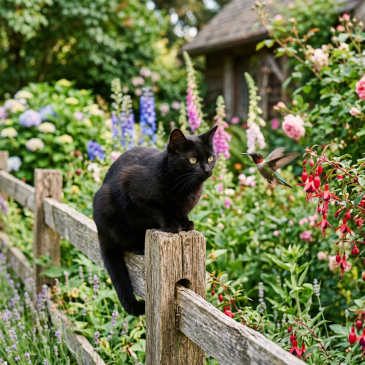 Black cat perched on a fence watching a hovering hummingbird